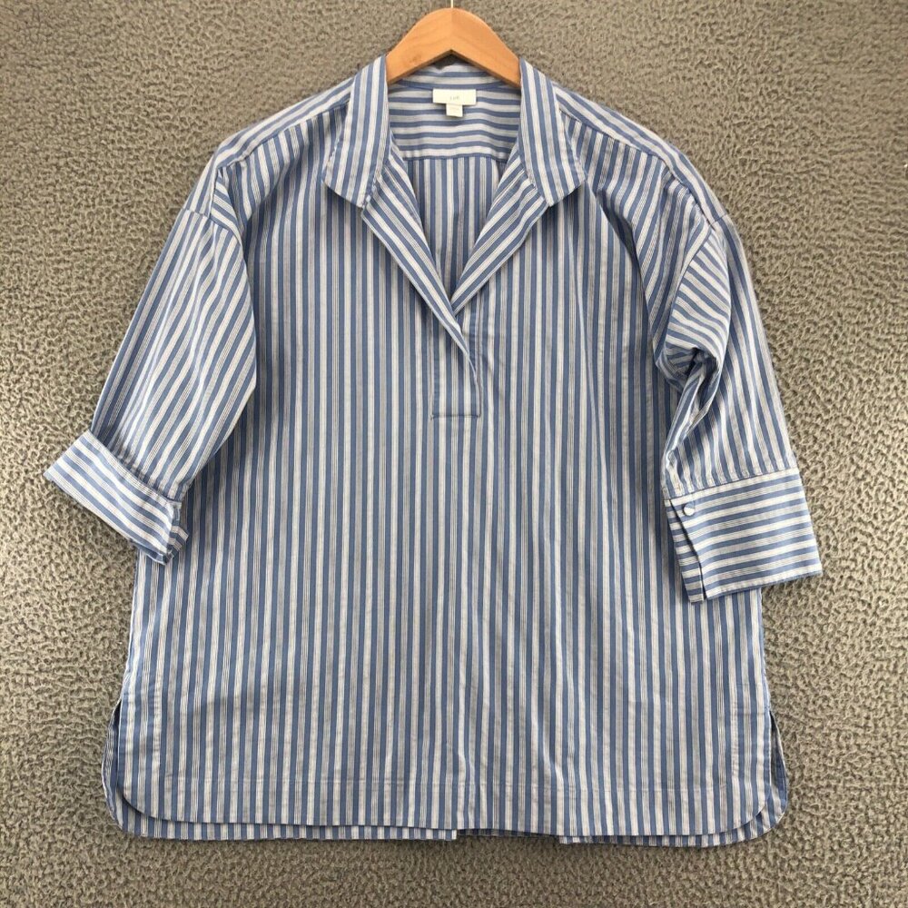 J Jill Shirt Womens Large Blue Stripe 1/4 Button Popover 3/4 Sleeve Tunic Collar